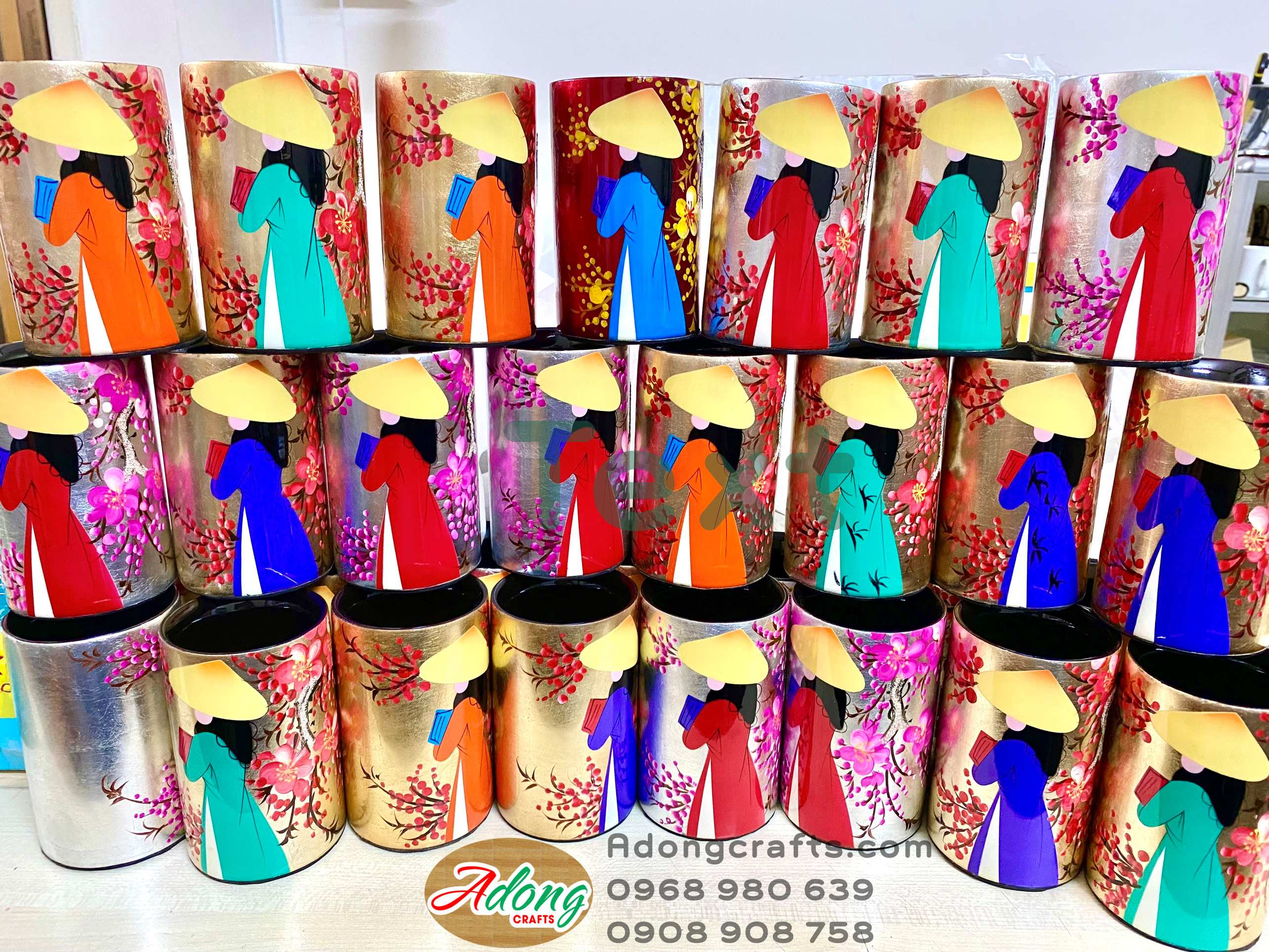 Bình Cắm bút lá lan - Cắm hoa chất liệu gỗ sơn mài , trang trí lưu niệm quà tặng Việt Nam