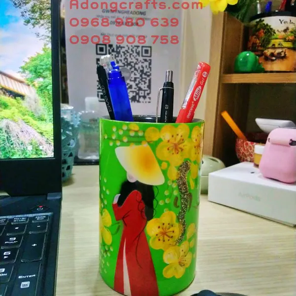 Bình Cắm bút lá lan - Cắm hoa chất liệu gỗ sơn mài , trang trí lưu niệm quà tặng Việt Nam