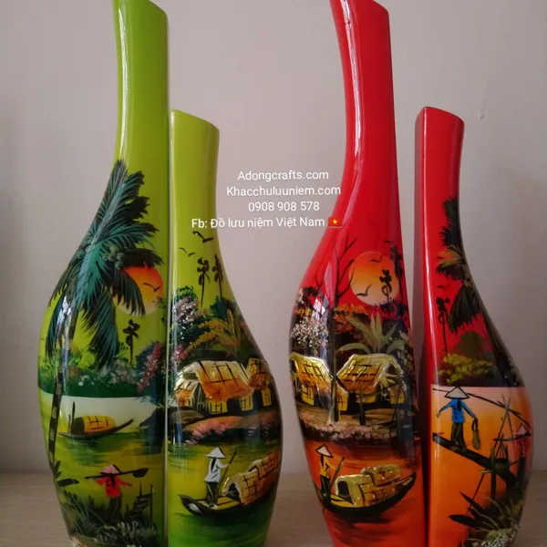 Bình cặp phu thê  tranh sơn mài