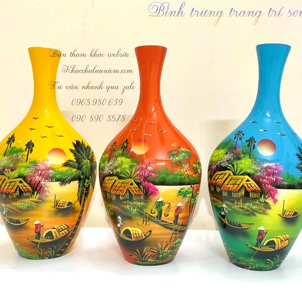 Bình sơn mài cổ lọ hoa tiết cảnh đồng quê