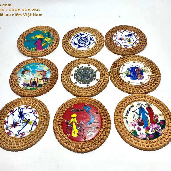 ĐẾ COASTER LÓT LY CỐC BẰNG MÂY ĐAN và SỨ THỦ CÔNG BẰNG TAY - QUÀ TẶNG LƯU NIỆM MỸ NGHỆ VIỆT NAM