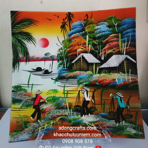 Đĩa sơn mài hình Vuông cảnh đồng quê Việt Nam