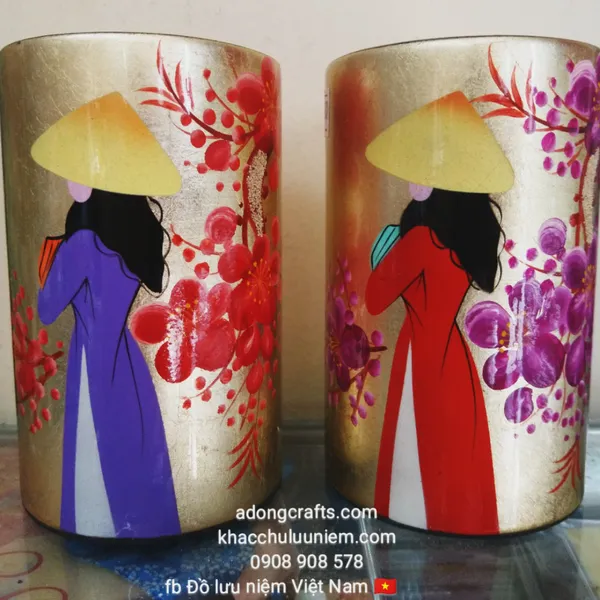 Hũ cắm bút sơn mài hình cô gái Việt Nam