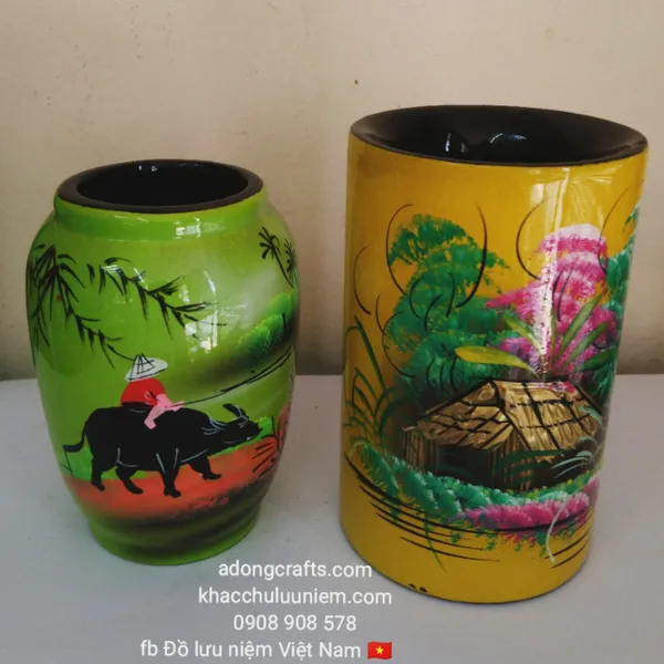 Hũ cắm bút Sơn mài  tròn cảnh đồng quê Việt Nam