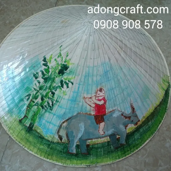 Nón lá vẽ tranh Sơn Dầu hình tiểu đồng làng quê Việt