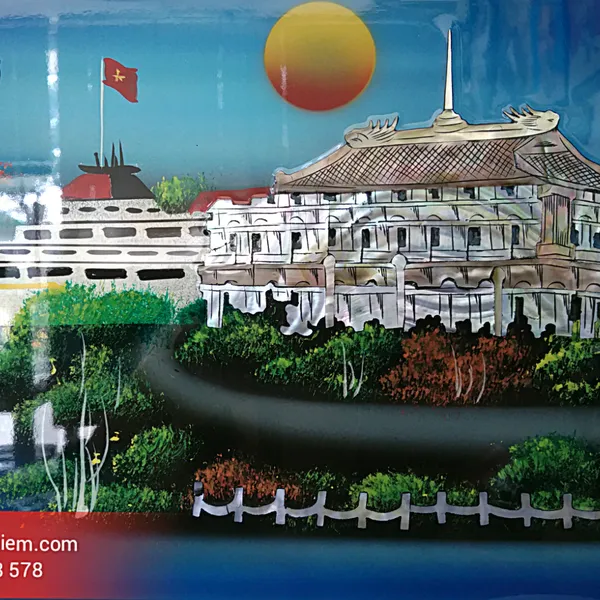 Tranh Bến Nhà Rồng sơn mài màu xanh