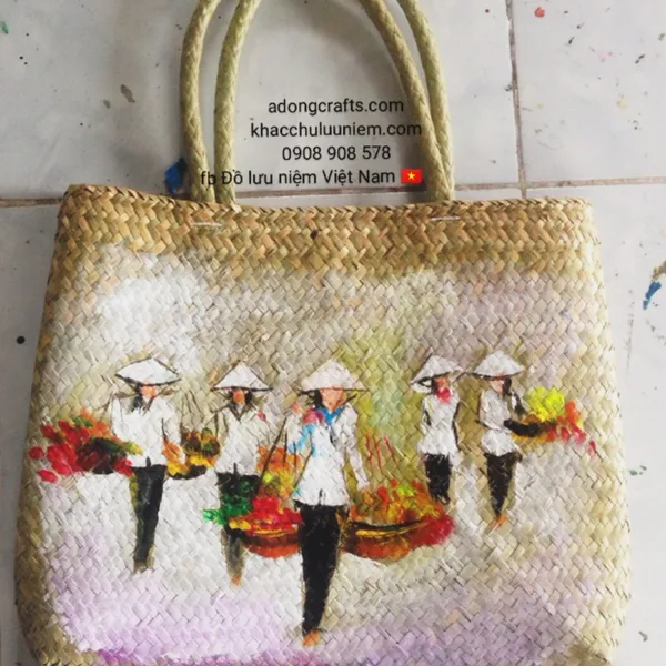 Túi cói vẽ hình cô gáI Việt Nam gánh hoa