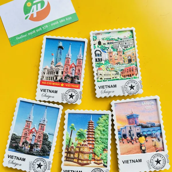 Bộ 5 Magnet Poly Tem Bưu Chính Cảnh Sài Gòn - Hà Nội