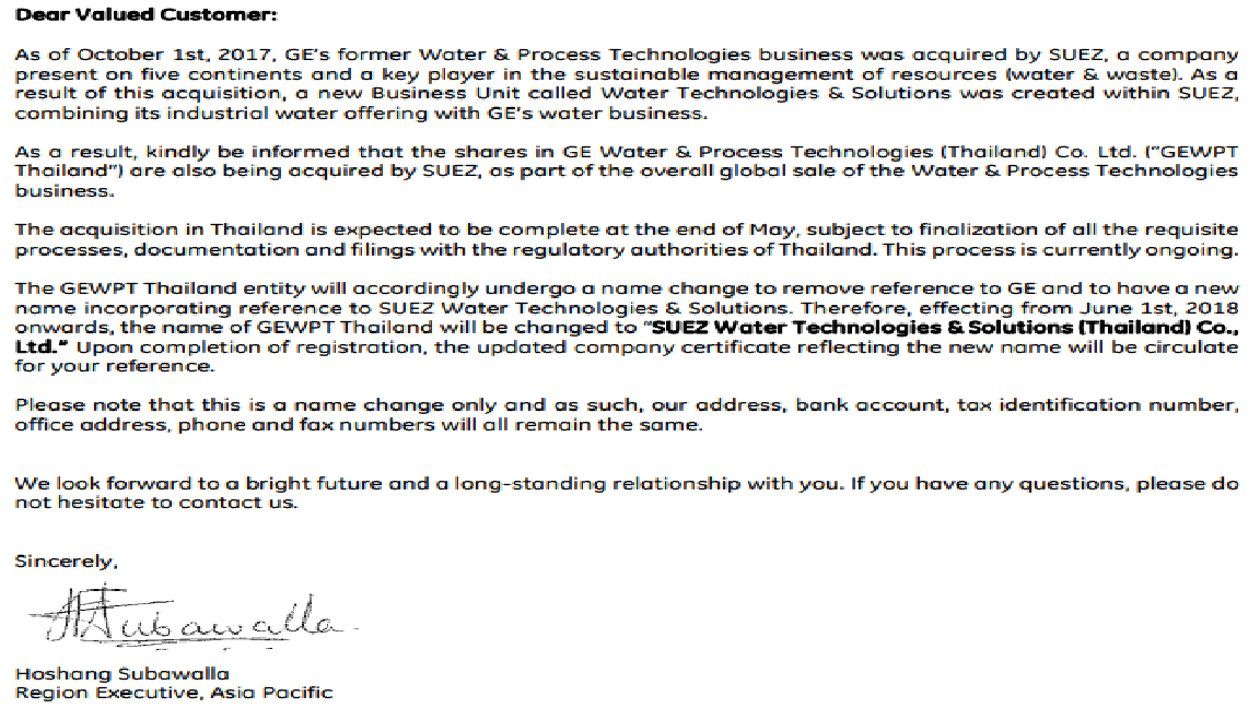 Thopong báo thay đổi thương hiệu màng RO GE sang màng RO Suez