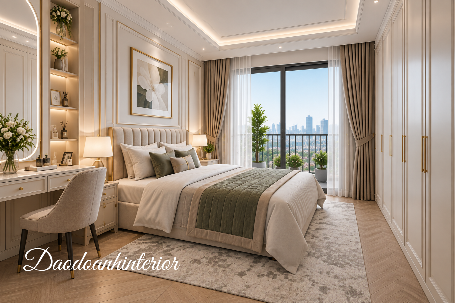 Phòng ngủ master Tân cổ điển căn góc 3 phòng ngủ Vinhomes Ocean Park 98m2 Phòng ngủ master Tân cổ điển căn góc 3 phòng ngủ Vinhomes Ocean Park 98m2