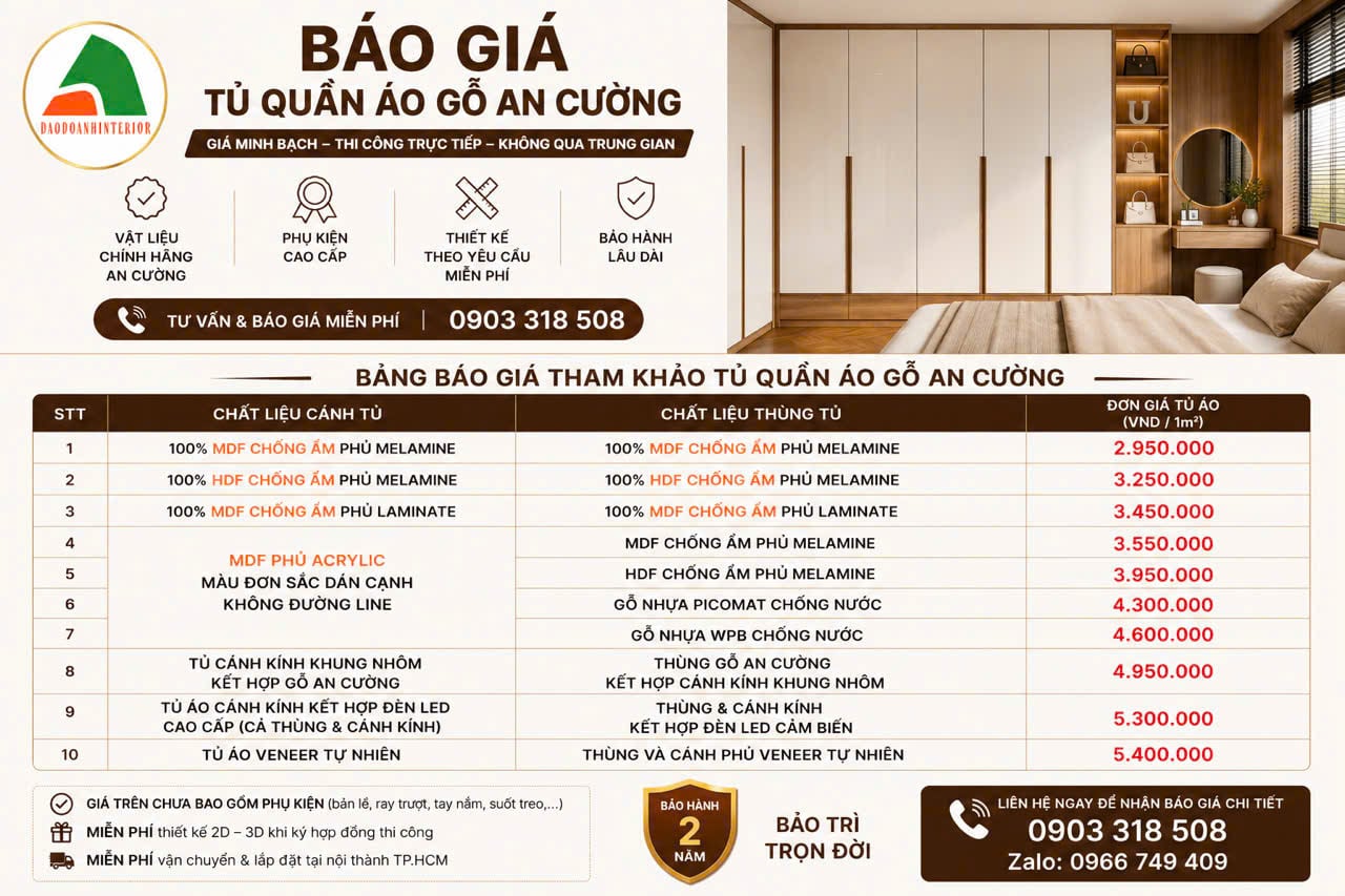 Bảng báo giá tủ quần áo gỗ An Cường Bảng báo giá tủ quần áo gỗ An Cường