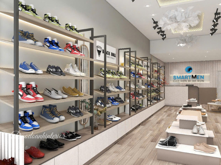 Hệ thống tủ kệ và lối đi trong showroom được bố trí khoa học theo sản phẩm thực tế Hệ thống tủ kệ và lối đi trong showroom được bố trí khoa học theo sản phẩm thực tế