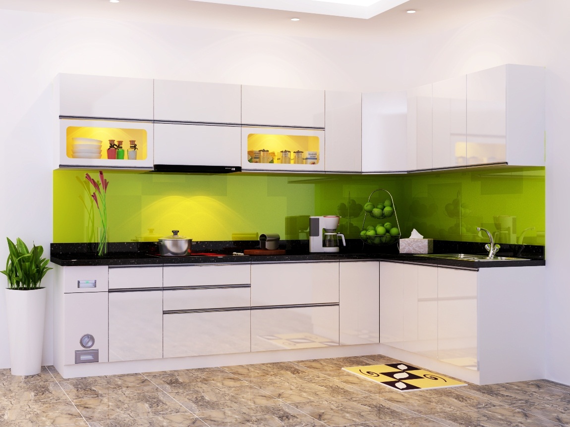 Tủ bếp MDF sơn Pu trắng ,ốp kính xanh chuối non ,đèn led trong tủ  Tủ bếp MDF sơn Pu trắng ,ốp kính xanh chuối non ,đèn led trong tủ