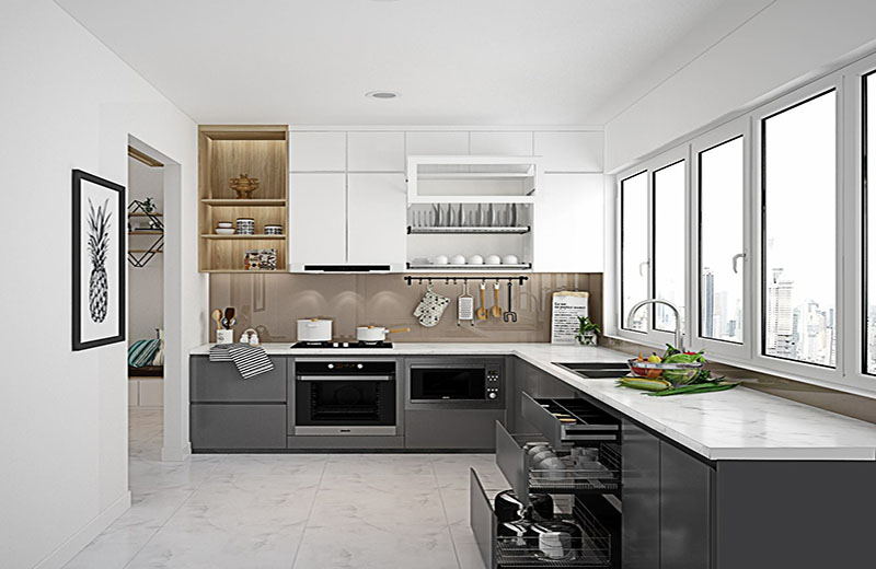 Tủ bếp gỗ công nghiệp Acrylic màu xám -TBDD1704 Tủ bếp gỗ công nghiệp Acrylic màu xám -TBDD1704