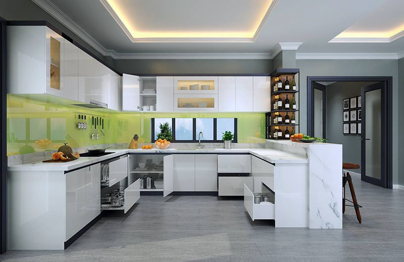 Tủ bếp gỗ công nghiệp Acrylic màu trắng -phối kiếng 5ly cường lực màu xanh non  Tủ bếp gỗ công nghiệp Acrylic màu trắng -phối kiếng 5ly cường lực màu xanh non