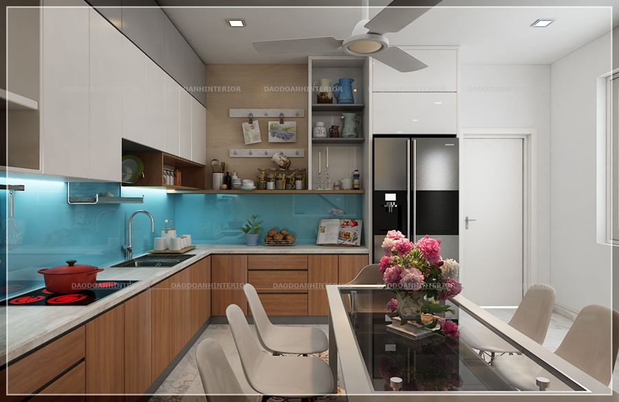 Tủ bếp acrylic bóng gương màu trắng phối với vân gỗ Tủ bếp acrylic bóng gương màu trắng phối với vân gỗ