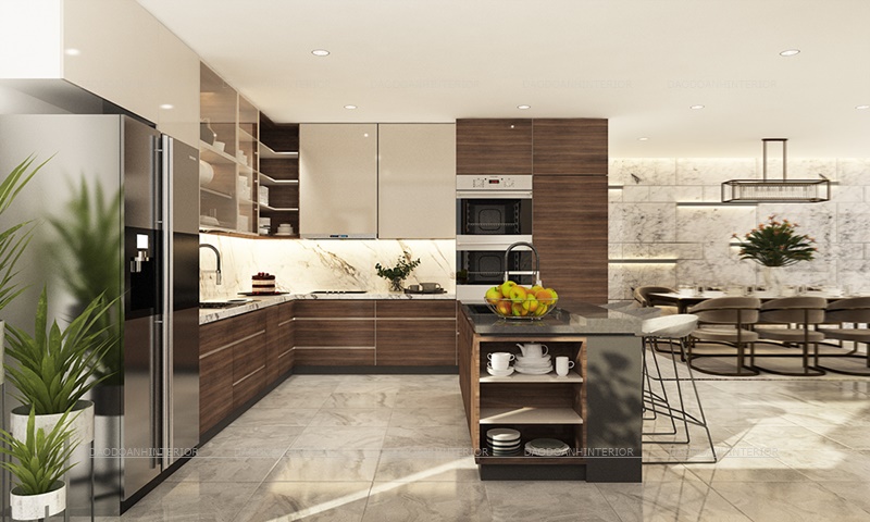 Tủ bếp acrylic bóng gương màu vận gỗ Tủ bếp acrylic bóng gương màu vận gỗ