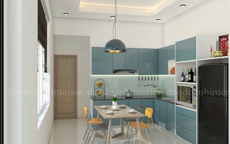 Tủ bếp gỗ ghép thông sơn pu phối 2 màu trắng và xanh Tủ bếp gỗ ghép thông sơn pu phối 2 màu trắng và xanh