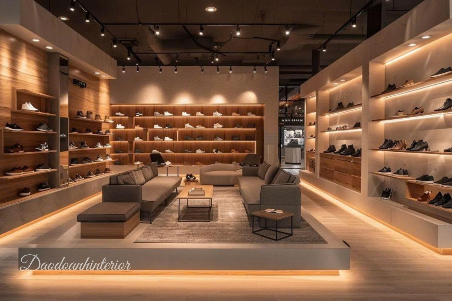 Không gian showroom nội thất với hệ tủ kệ gỗ Không gian showroom nội thất với hệ tủ kệ gỗ
