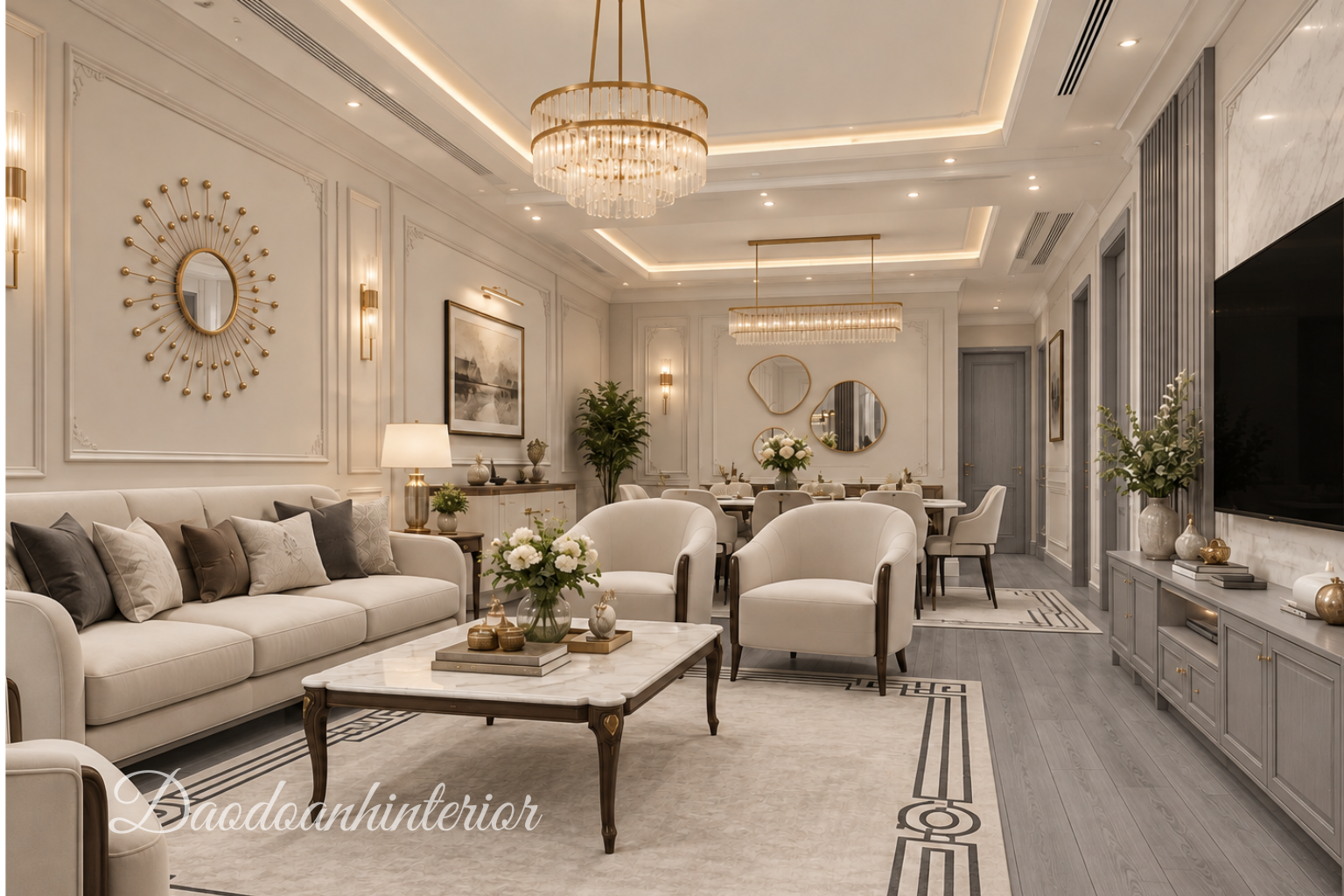 Mẫu nội thất phòng khách tân cổ điển tone ghi xám đương đại lịch lãm Mẫu nội thất phòng khách tân cổ điển tone ghi xám đương đại lịch lãm