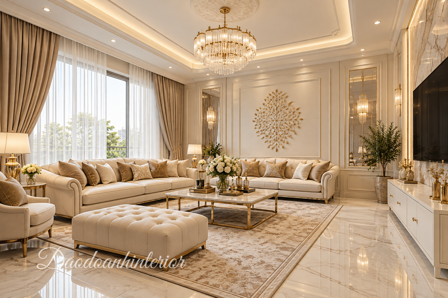 Mẫu nội thất phòng khách tân cổ điển trắng kết hợp ánh kim vàng đồng cho biệt thự Mẫu nội thất phòng khách tân cổ điển trắng kết hợp ánh kim vàng đồng cho biệt thự