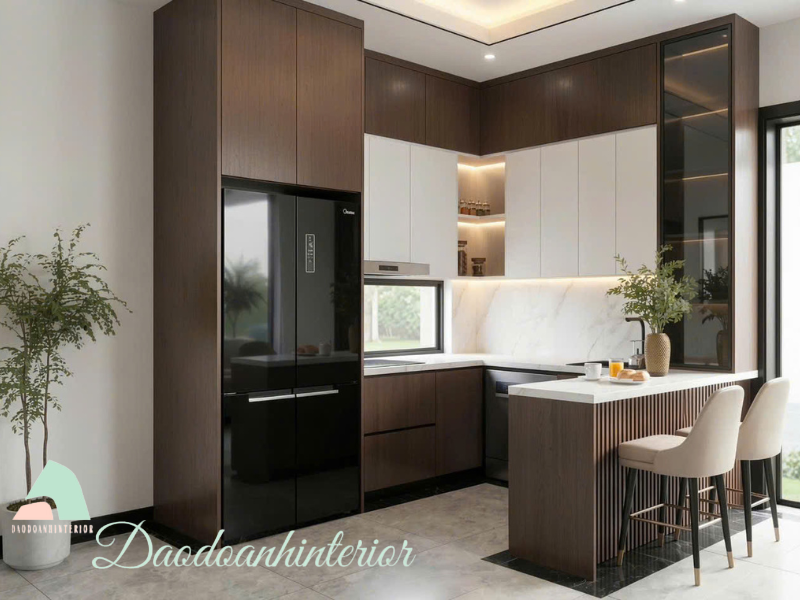 Mẫu tủ bếp Acrylic vân gỗ đẹp, hiện đại Mẫu tủ bếp Acrylic vân gỗ đẹp, hiện đại
