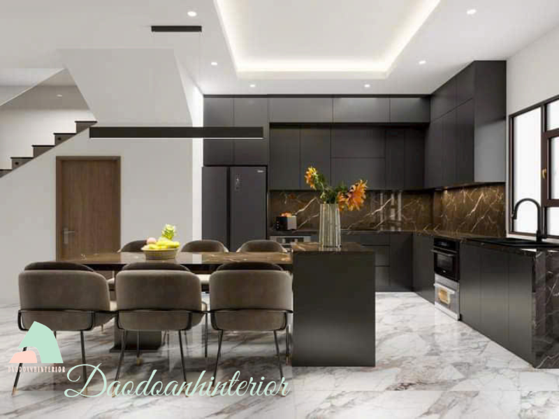 Nội thất phòng bếp bố cục chữ L có tích hợp bàn ăn Nội thất phòng bếp bố cục chữ L có tích hợp bàn ăn