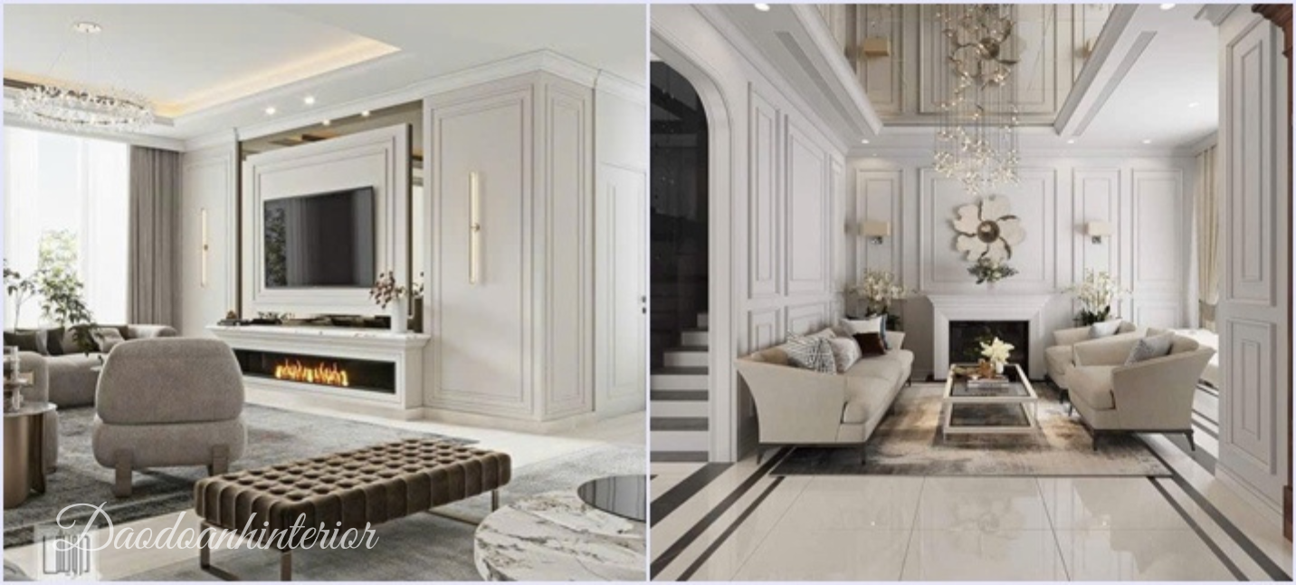 Thi công nội thất phòng khách tân cổ điển - Sofa, kệ tivi và vách trang trí Thi công nội thất phòng khách tân cổ điển - Sofa, kệ tivi và vách trang trí