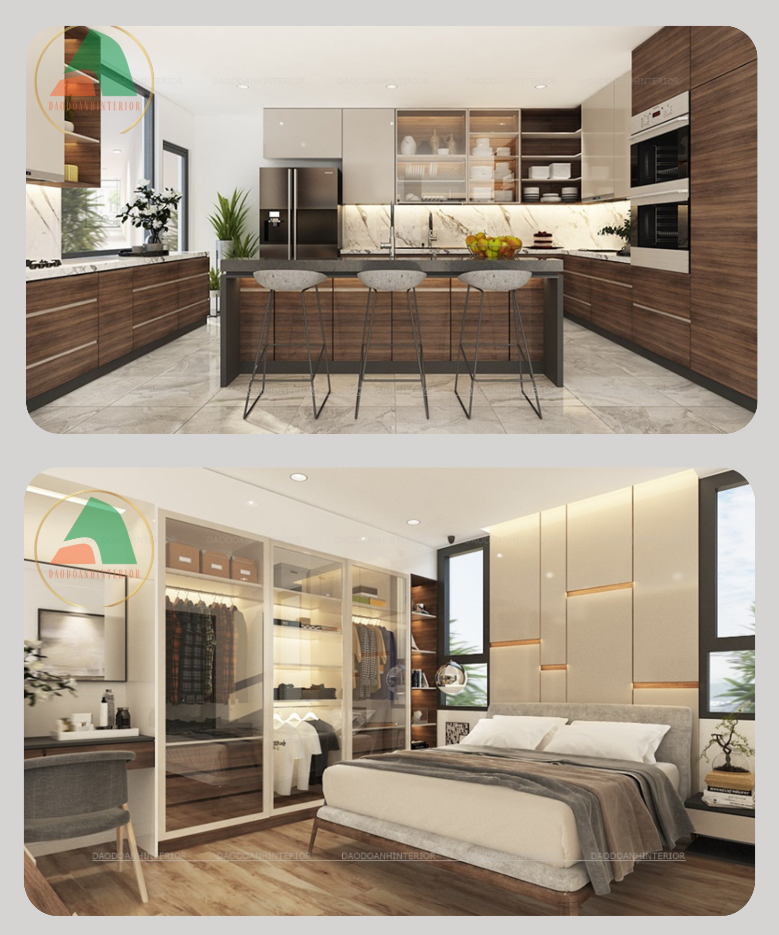 Thiết kế thi công nội thất tủ bếp hiện đại chất liệu acrylic vân gỗ Thiết kế thi công nội thất tủ bếp hiện đại chất liệu acrylic vân gỗ