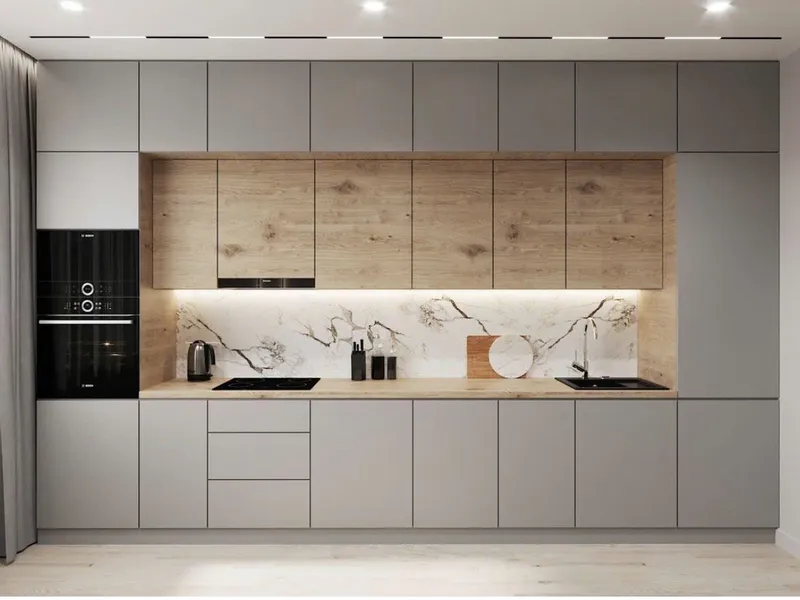  Tủ bếp Laminate kết hợp màu gỗ Santana Oak và ghi xám