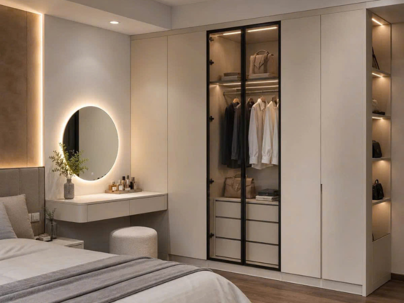 Tủ Quần Áo Gỗ Công Nghiệp 3 Buồng 6 Cánh Kính Hiện Đại Màu Trắng