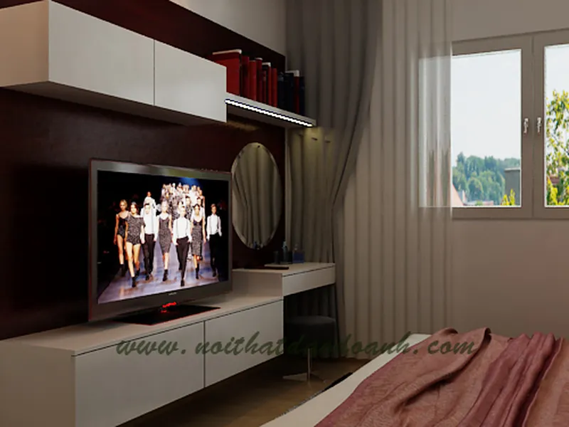 Bàn trang điểm nhỏ  xinh xắn được bố trí hợp lý trong phòng ngủ