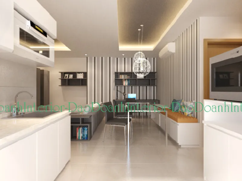 Trang trí nội thất phòng khách kết hợp bếp dễ thương