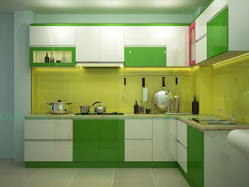 Tủ bếp Acrylic 2 màu trắng và xanh non