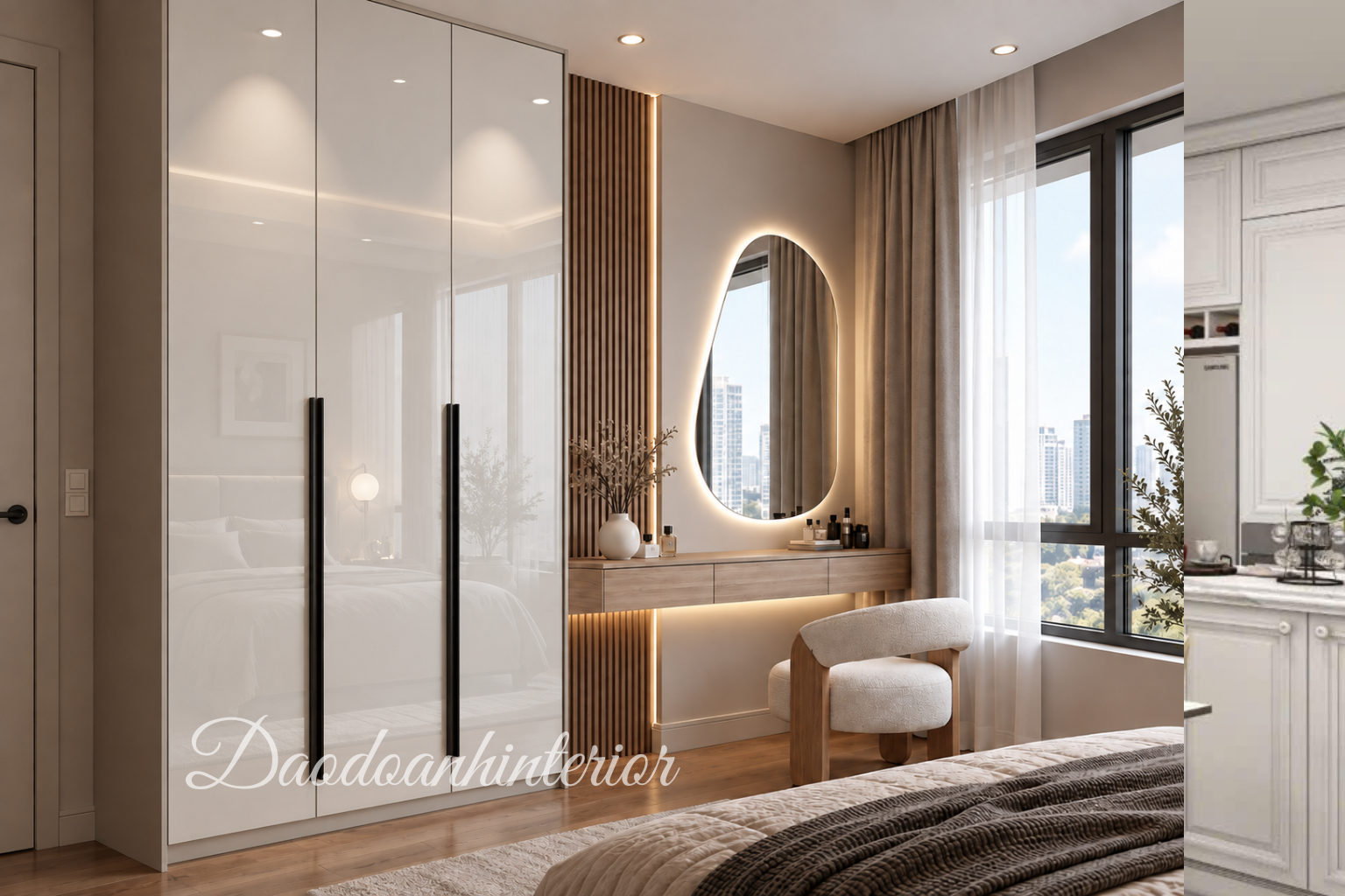 Tủ áo chạm trần 3 cánh cửa mở liền kề bàn trang điểm TADD44