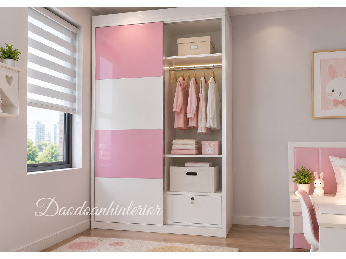 Tủ áo cho bé gái caro 2 màu trắng hồng TADD25