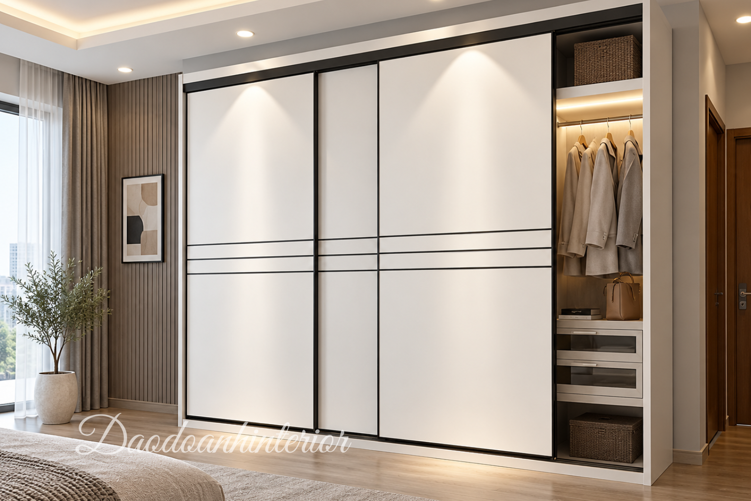 Tủ áo cửa lùa màu trắng kẻ sọc chất liệu MDF phủ melamine Tủ áo cửa lùa màu trắng kẻ sọc chất liệu MDF phủ melamine TACLDD40