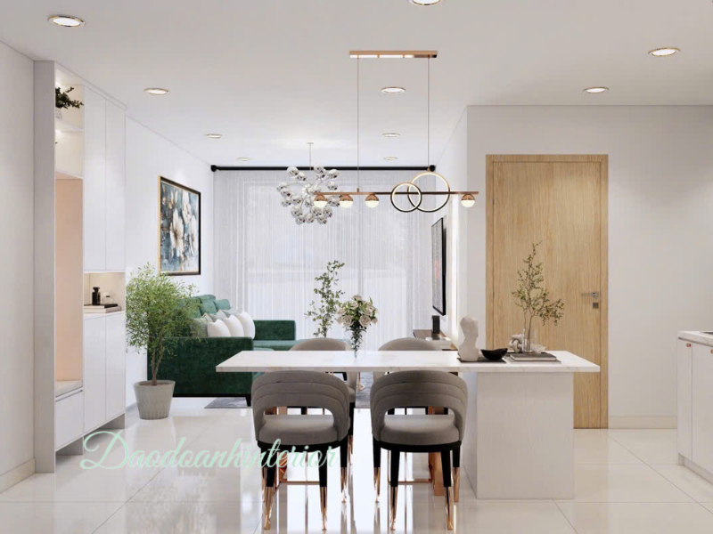 Thiết kế phòng ăn với tủ bếp acrylic màu trắng Thiết kế phòng ăn với tủ bếp acrylic màu trắng