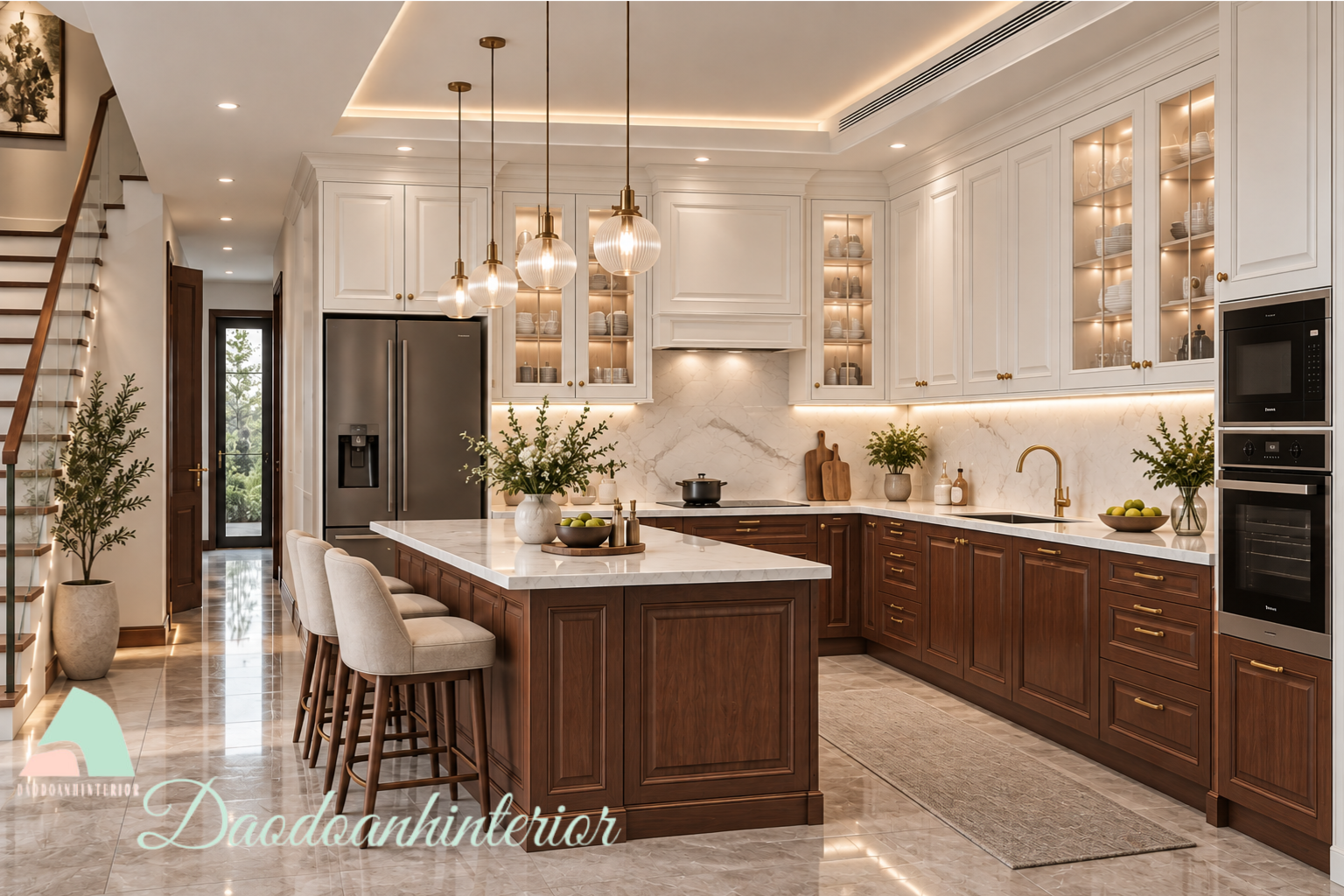 Tủ bếp tân cổ điển phối màu trắng và vân gỗ Tủ bếp tân cổ điển phối màu trắng và vân gỗ