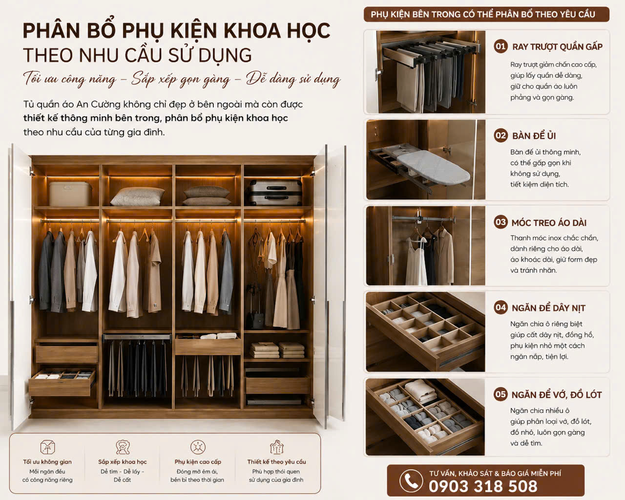 Tủ quần áo an cường phân bổ phụ kiện thông minh theo nhu cầu sử dụng Tủ quần áo an cường phân bổ phụ kiện thông minh theo nhu cầu sử dụng