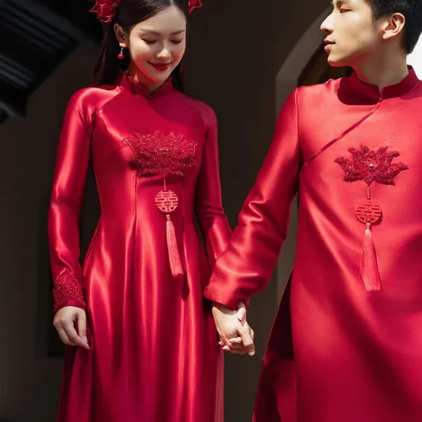 ÁO DÀI CƯỚI CẶP ĐÔI KẾT HOA SEN