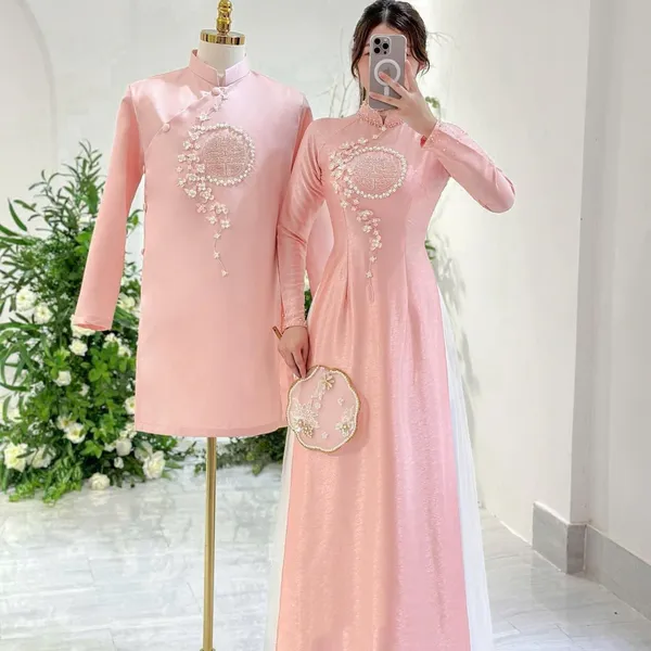 ÁO DÀI CƯỚI CẶP ĐÔI KẾT HOA DUYÊN DÁNG