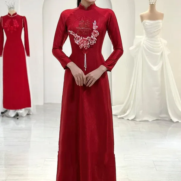 ÁO DÀI CƯỚI CẶP ĐÔI THÊU HOA XINH XẮN
