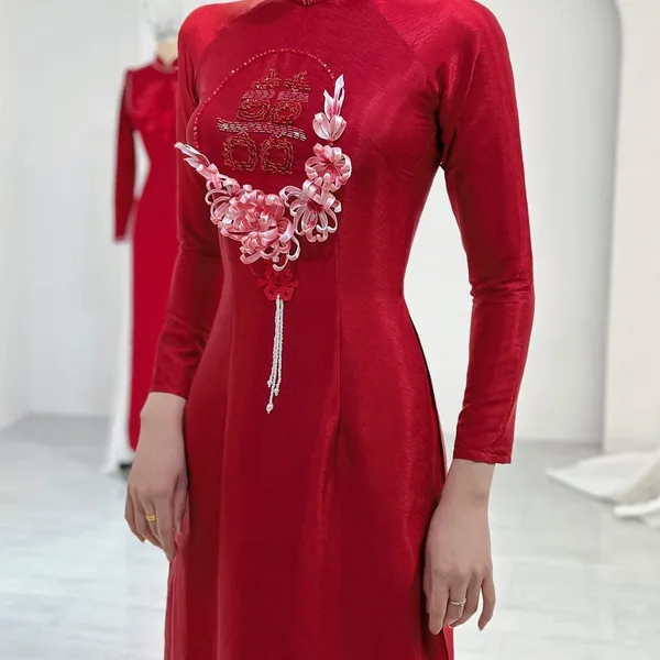 ÁO DÀI CƯỚI CẶP ĐÔI THÊU HOA XINH XẮN