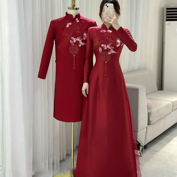 ÁO DÀI CƯỚI CẶP ĐÔI THÊU KẾT HOA