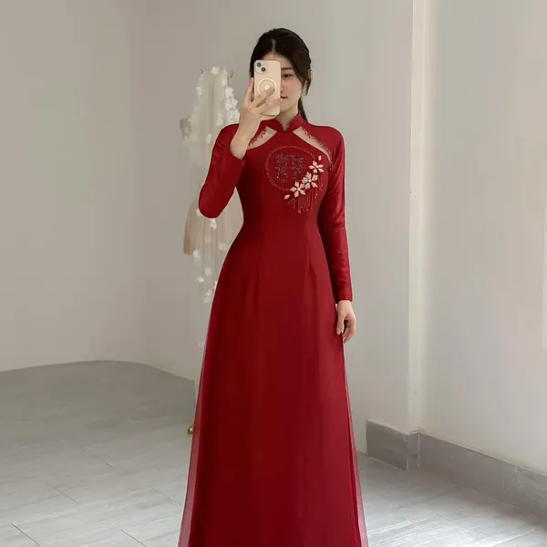 ÁO DÀI CƯỚI CÔ DÂU THÊU KẾT HIỆN ĐẠI