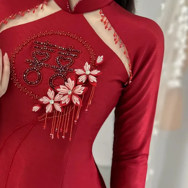 ÁO DÀI CƯỚI CÔ DÂU THÊU KẾT HIỆN ĐẠI