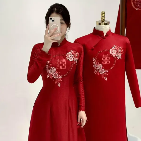 ÁO DÀI CƯỚI CẶP ĐÔI THÊU HOA VÀ ĐÍNH CHỮ HỶ