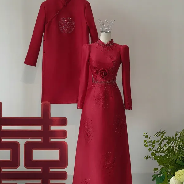 ÁO DÀI CƯỚI CẶP ĐÔI KẾT HOA HỒNG TONE ĐỎ SANG TRỌNG