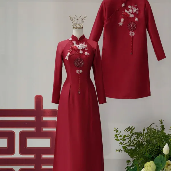 ÁO DÀI CƯỚI CẶP ĐÔI KẾT CHIM UYÊN ƯƠNG TONE ĐỎ SANG TRỌNG